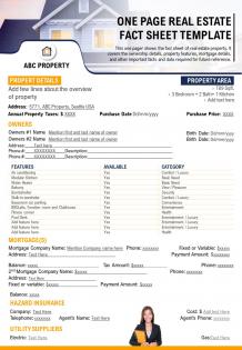 One page real estate fact sheet template presentation report infographic ppt pdf document