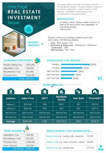 One page real estate investment teaser presentation report infographic ppt pdf document