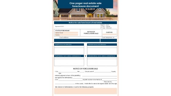 One Page Real Estate Sale Foreclosure Document Presentation Report Infographic PPT PDF Document
