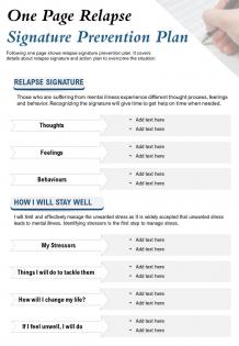 One page relapse signature prevention plan presentation report infographic ppt pdf document