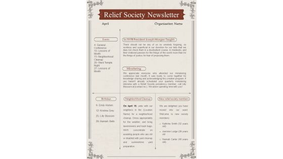 One Page Relief Society Newsletter Template Presentation Report Infographic Ppt Pdf Document