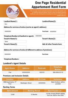 One page residential appartement rent form presentation report infographic ppt pdf document