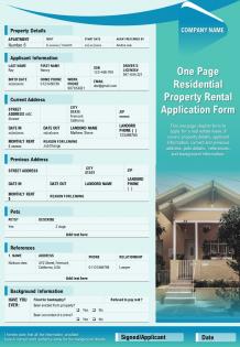 One page residential property rental application form presentation report infographic ppt pdf document