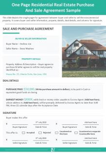 One page residential real estate purchase and sale agreement sample report infographic ppt pdf document