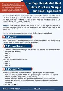 One page residential real estate purchase sample and sales agreement report infographic ppt pdf document