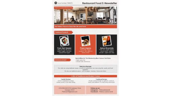One Page Restaurant Food Newsletter Template Presentation Infographic Ppt Pdf Document