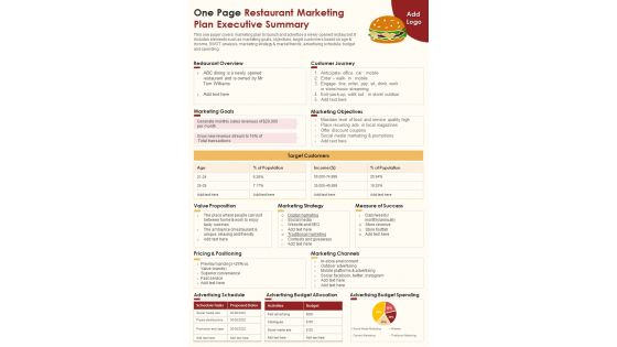 One Page Restaurant Marketing Plan Executive Summary Presentation Report Infographic Ppt Pdf Document