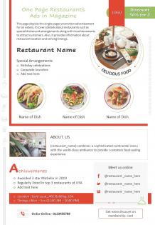 One page restaurants ads in magazine presentation report infographic ppt pdf document