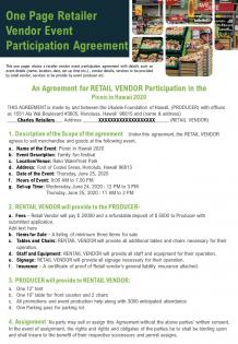 One page retailer vendor event participation agreement presentation report infographic ppt pdf document