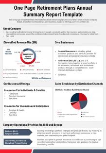 One page retirement plans annual summary report template presentation report infographic ppt pdf document