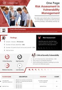 One page risk assessment in vulnerability management presentation report infographic ppt pdf document