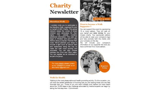 One Page Run For Charity Newsletter Presentation Report Infographic Ppt Pdf Document