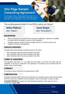 One page sample consulting agreement presentation report infographic ppt pdf document