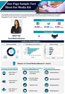 One page sample fact sheet for media kit presentation report infographic ppt pdf document