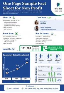 One page sample fact sheet for non profit presentation report infographic ppt pdf document