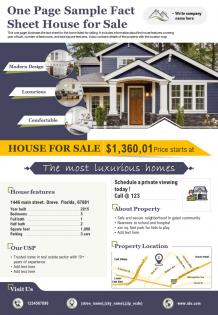 One page sample fact sheet house for sale presentation report infographic ppt pdf document
