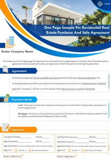 One page sample for residential real estate purchase and sale agreement report infographic ppt pdf document