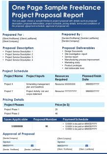 One page sample freelance project proposal report presentation report infographic ppt pdf document