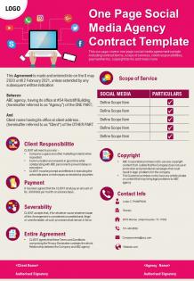 One page social media agency contract template presentation report infographic ppt pdf document