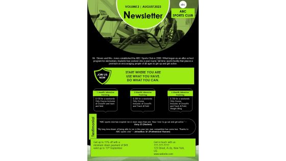 One Page Sports Club Newsletter Presentation Report Infographic Ppt Pdf Document