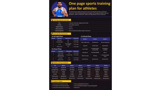 One Page Sports Training Plan For Athletes Presentation Report Infographic PPT PDF Document
