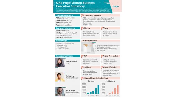 One Page Startup Business Executive Summary Presentation Report Infographic Ppt Pdf Document