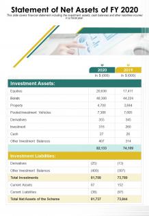 One page statement of net assets of fy 2020 template 142 infographic ppt pdf document