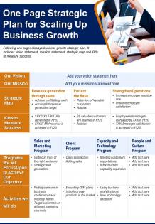 One page strategic plan for scaling up business growth presentation report infographic ppt pdf document