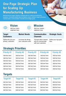 One page strategic plan for scaling up manufacturing business presentation report infographic ppt pdf document