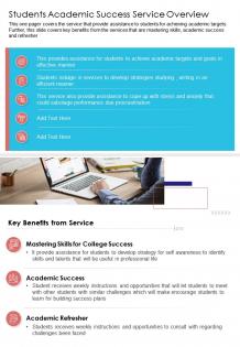 One page students academic success service overview template 193 report infographic ppt pdf document