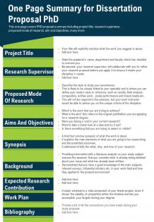 One page summary for dissertation proposal phd presentation report infographic ppt pdf document