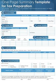One page summary template for tax preparation presentation report infographic ppt pdf document