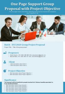 One page support group proposal with project objective presentation report infographic ppt pdf document