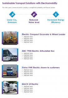 One page sustainable transport solutions with electromobility infographic ppt pdf document