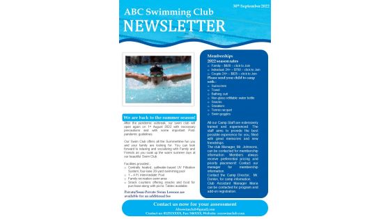 One Page Swimclub Newsletter Presentation Report Infographic PPT PDF Document