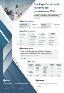 One page team leader performance improvement plan presentation report infographic ppt pdf document