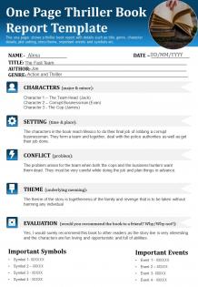 One page thriller book report template presentation report infographic ppt pdf document