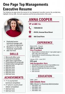One page top managements executive resume presentation report infographic ppt pdf document