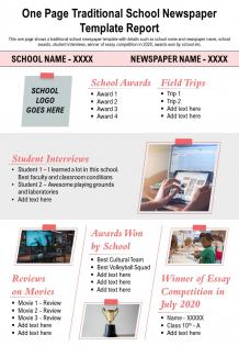 One page traditional school newspaper template report presentation report infographic ppt pdf document