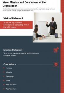 One page vison mission and core values of the organization report infographic ppt pdf document