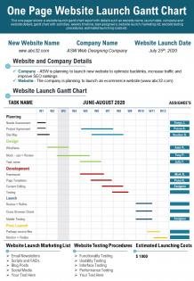 One page website launch gantt chart presentation report infographic ppt pdf document