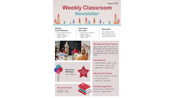 One Page Weekly Classroom Newsletter Presentation Report Infographic Ppt Pdf Document