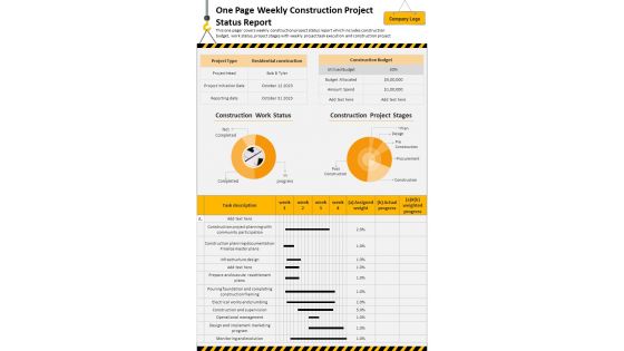 One Page Weekly Construction Project Status Report Presentation Infographic PPT PDF Document