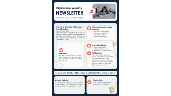 One Page Weekly Newsletter Presentation Report Infographic Ppt Pdf Document