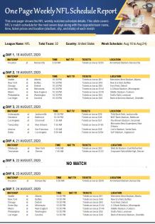 One page weekly nfl schedule report presentation report infographic ppt pdf document