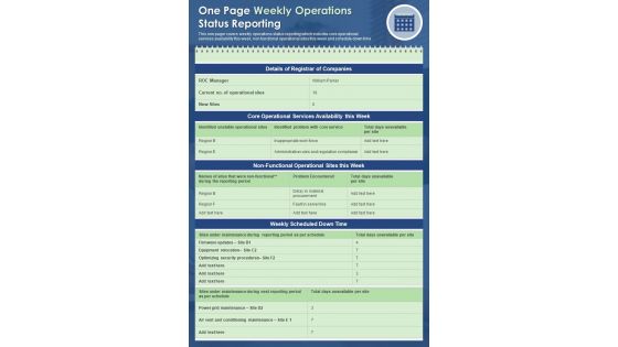 One page weekly operations status reporting presentation infographic PPT PDF document