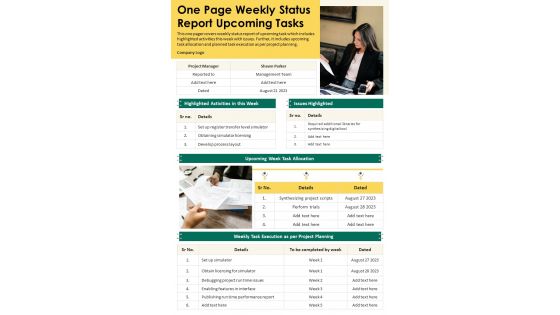 One Page Weekly Status Report Upcoming Tasks Presentation Report Infographic PPT PDF Document