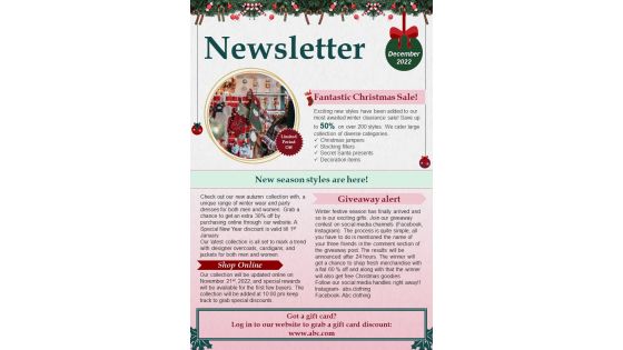 One Page Winter Theme Newsletter Template Presentation Report Infographic Ppt Pdf Document
