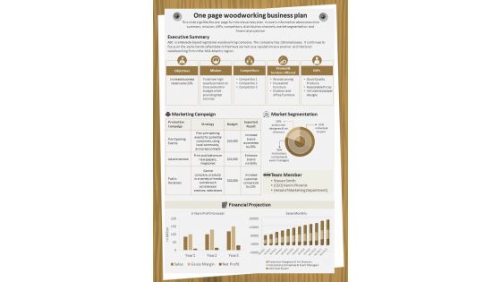One Page Woodworking Business Plan Presentation Report Infographic PPT PDF Document
