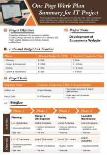 One page work plan summary for it project presentation report infographic ppt pdf document